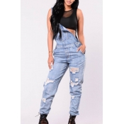 Trendy Broken Holes Baby Blue Denim One-piece Jump