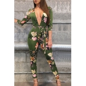 Sexy Deep V Neck Printed Green Polyester One-piece