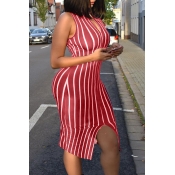 Sexy Round Neck Striped Wine Red Polyester Knee Le