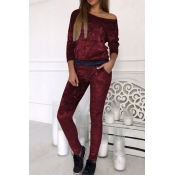 Casual Bateau Neck Long Sleeves Wine Red Cotton Tw