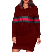 Leisure Hooded Collar Patchwork Wine Red Polyester