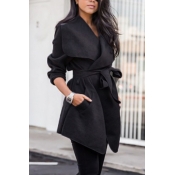 Trendy Turndown Collar Long Sleeves Lace-up Black 