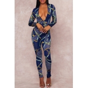 Fashionable Deep V Neck Printed Blue Polyester One