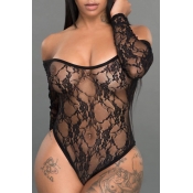 Sexy U Neck See-Through Black Lace One-piece Jumps
