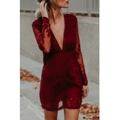 Lovely Sexy V Neck See-Through Red Lace Mini Dress