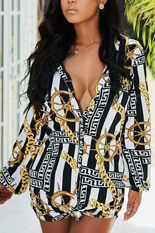 

Casual Turndown Collar Chains Printed Yellow Polyester Mini Dress