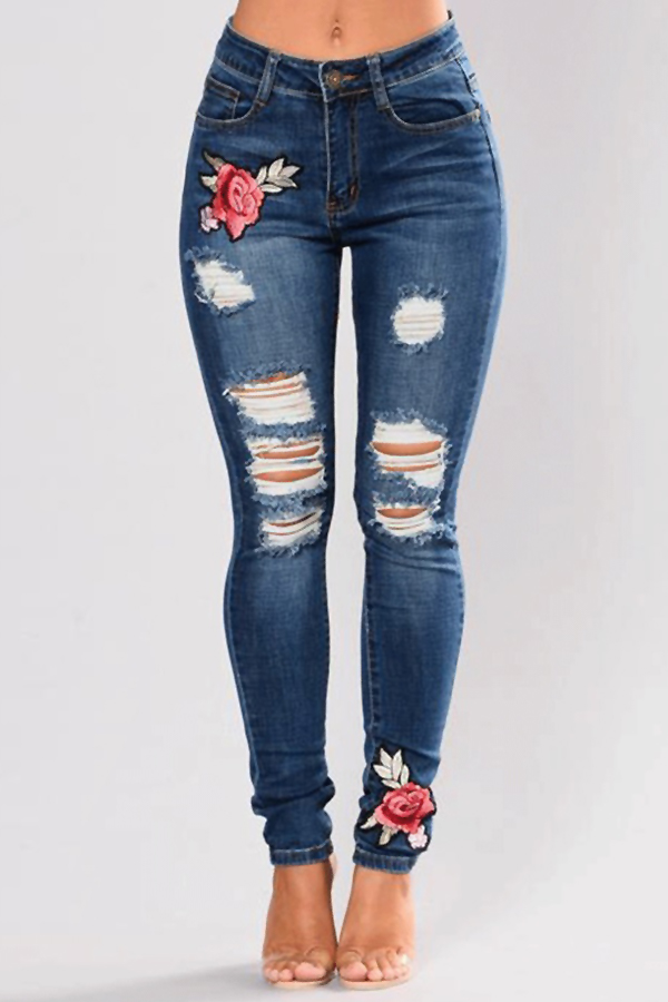 Broken Holes Ripped Embroidery Jeans