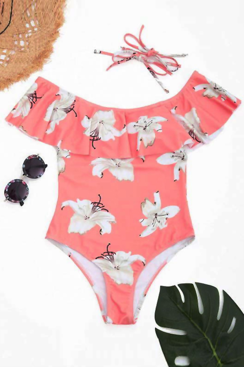 

Lovely Sexy Floral Printed Pink Polyester One-piece Swimwear