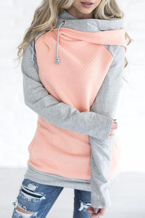 

Lovely Leisure Hooded Collar Patchwork Pink Blending Hoodies