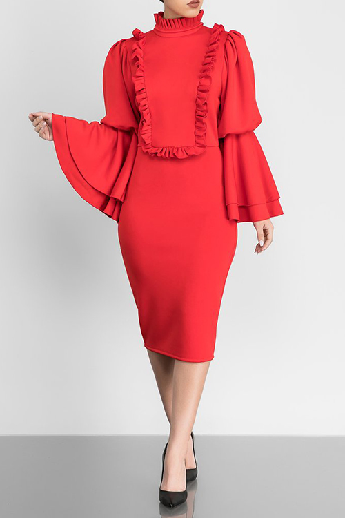 Vintage Mandarin Collar Trumpet Sleeves Ruffle Design Red Polyester Knee Length Dress от Lovelywholesale WW