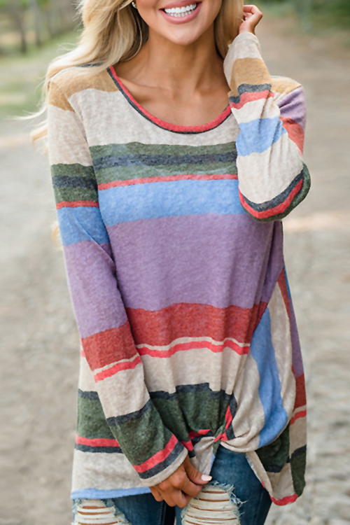 

Lovely Fashion Round Neck Knot Design The Rainbow Striped Blending T-shirt