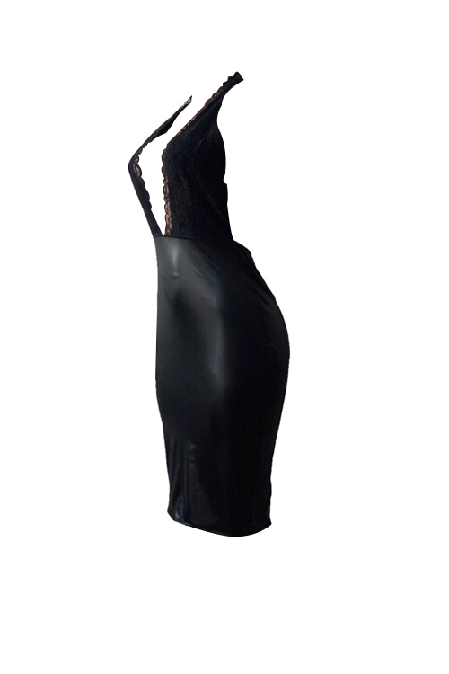 Sexy Deep V Neck Backless Lace Spliced Black PU Knee Length Dress от Lovelywholesale WW