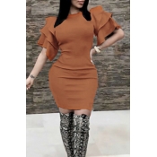Sexy Round Neck Ruffle Sleeves Brown Polyester Kne