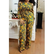 Stylish Round Neck Cold-shoulder Printed Yellow Co