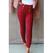 Fashion High Elastic Waist Wine Red Polyester Pant