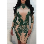 Sexy Mandarin Collar Printed Green Polyester Mini 