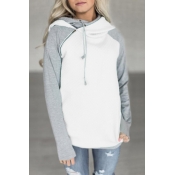 Lovely Leisure Hooded Collar Patchwork White Blend