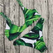 Sexy Leaf Printed Green Polyester Bikini Set