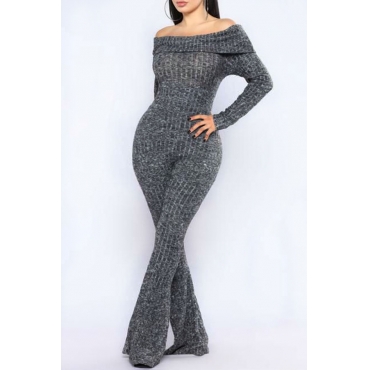 Euramerican Bateau Neck Trumpet Design Grey Cotton Blends One-piece Jumpsuits