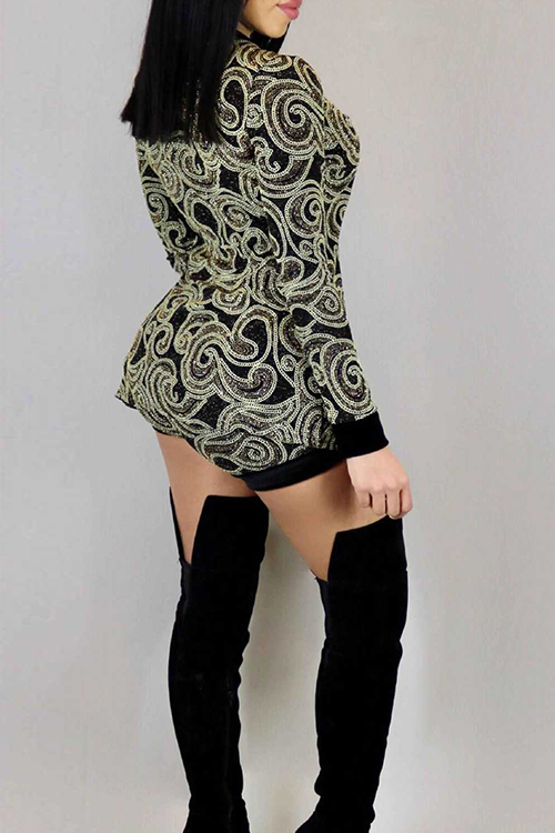 Fashion V Neck Long Sleeves Printed Green Polyester Two-piece Shorts Set от Lovelywholesale WW