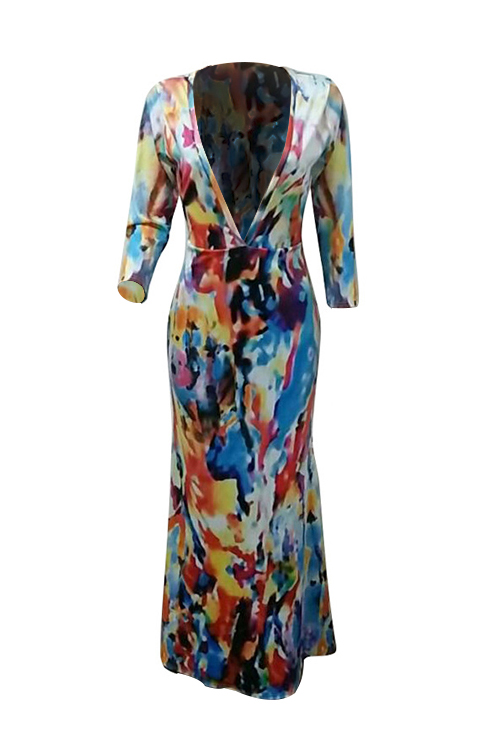 Lovely Vintage Deep V Neck Printed Milk Fiber Ankle Length Dress(Without Belt) от Lovelywholesale WW