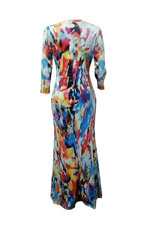 Lovely Vintage Deep V Neck Printed Milk Fiber Ankle Length Dress(Without Belt) от Lovelywholesale WW