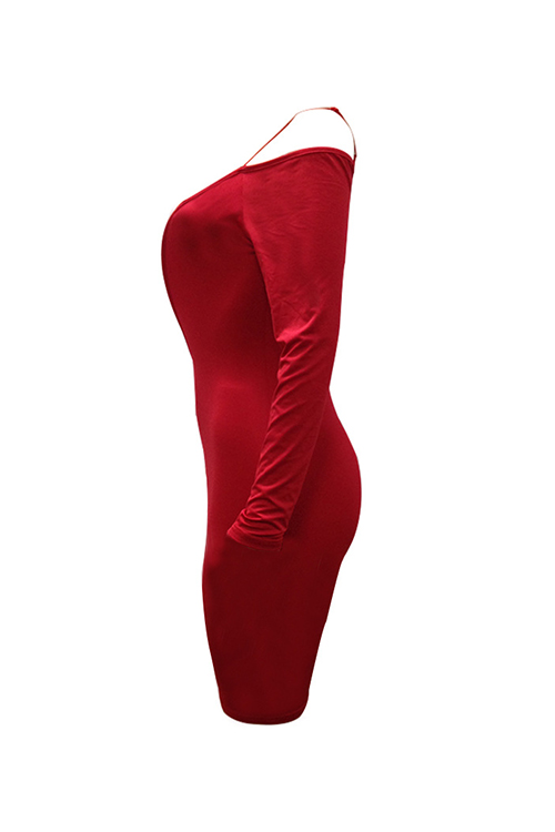 Lovely Sexy Deep V Neck Dew Shoulder Red Milk Fiber Knee Length Dress от Lovelywholesale WW