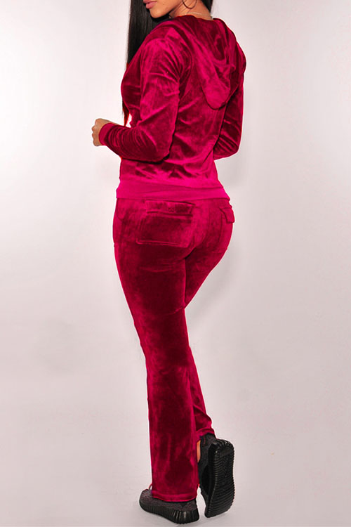 Lovely Casual Hooded Collar Zipper Design Red Velvet Two-Piece Pants Set от Lovelywholesale WW
