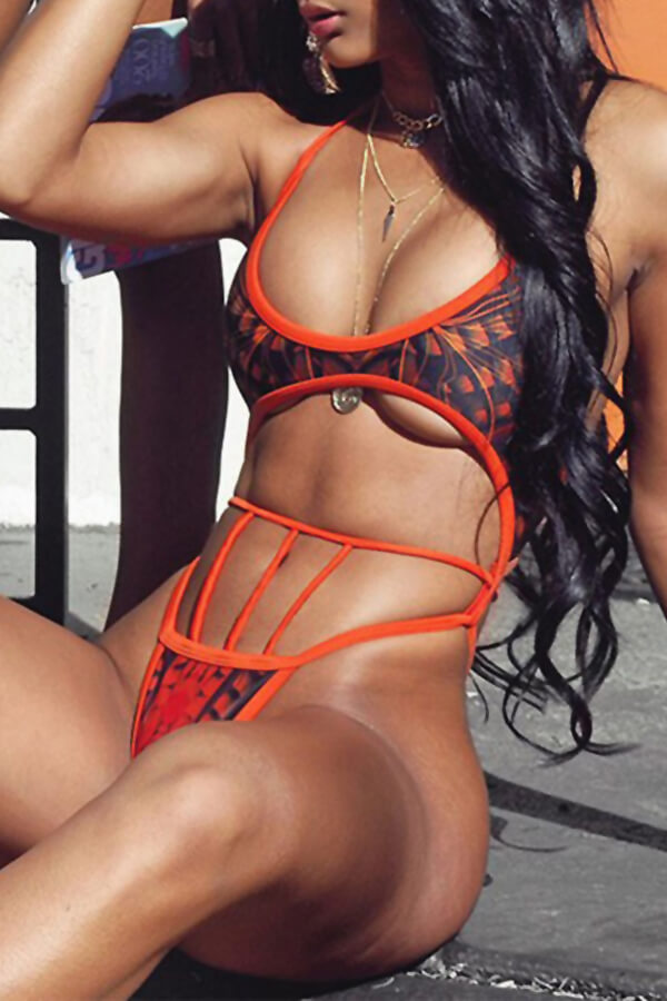 

LW Sexy Printed Hollow-out Orange One-piece Swimwear