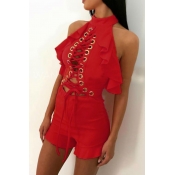 Lovely Trendy Halter Neck Lace-up Ruffle Design Re