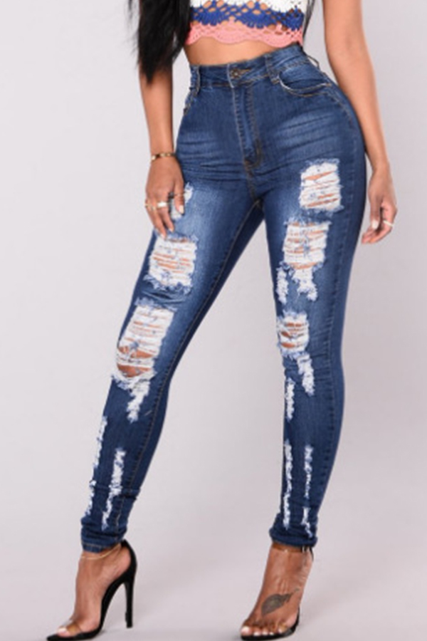 

Lovely Fashion Mid Waist Broken Holes Dark Blue Denim Zipped Jeans