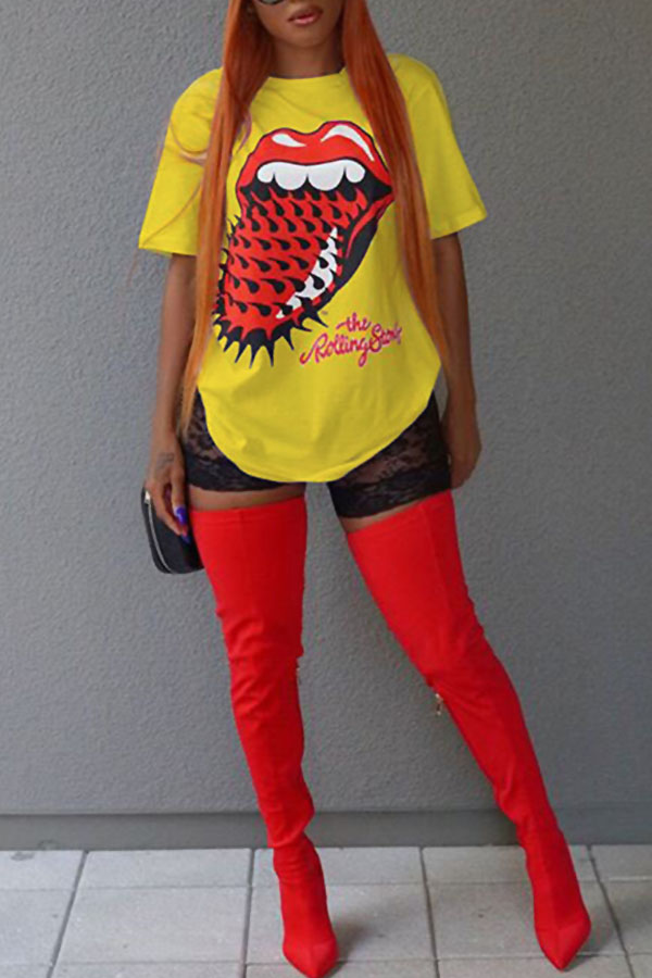 

Lovely Leisure Round Neck Short Sleeves Printed Yellow Cotton T-shirt