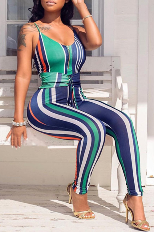 

LovelySexy V Neck Bow Striped Blue Qmilch One-piece Jumpsuits