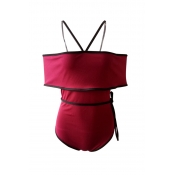 Lovely Sexy Bateau Neck Lace-up Wine Red Polyester