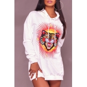 Lovely Casual Hooded Collar Tiger Printed White Po