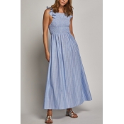 Lovely Cute Round Neck Striped Blue Cotton Ankle L