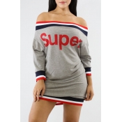 Lovely Fashion Bateau Neck Letters Striped Patchwo