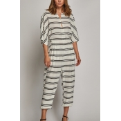 Lovely Retro Round Neck Striped Patchwork White Ra