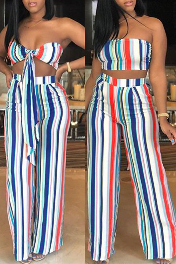 Lovely Leisure Bateau Neck Striped Bandage White Polyester Two-piece Pants Set