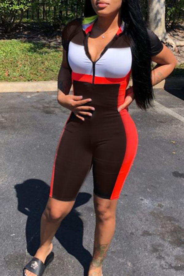 

Lovely Sexy Mandarin Collar Patchwork Brown Blending One-piece Short Jumpsuits