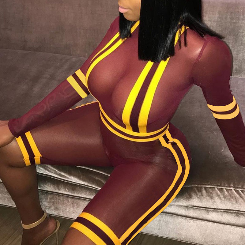 

Lovely Sexy Round Neck See-Through Patchwork Wine Red Polyester One-piece Short Jumpsuits(Without Subcoating
