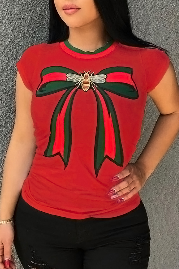 

Lovely Pretty Round Neck Bow Printed Red Cotton Blends T-shirt