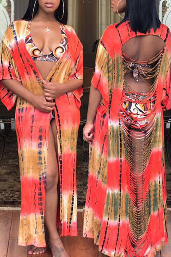 

Lovely Fashion Broken Holes Printing Orange Cover-up(Without Subcoating)