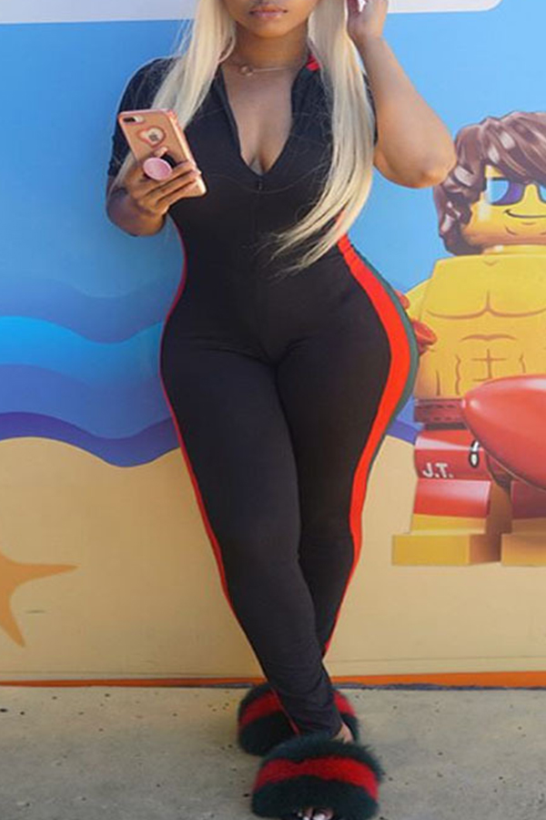 

LovelyCasual Turndown Collar Patchwork Black Cotton Blends One-piece Jumpsuits