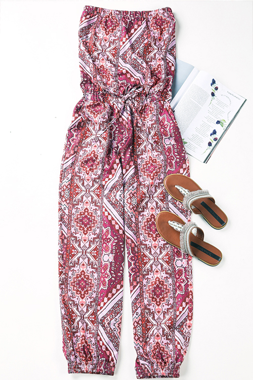 

Lovely Sexy Bateau Neck Non Positioning Printing Wine Red Blending One-piece Jumpsuits