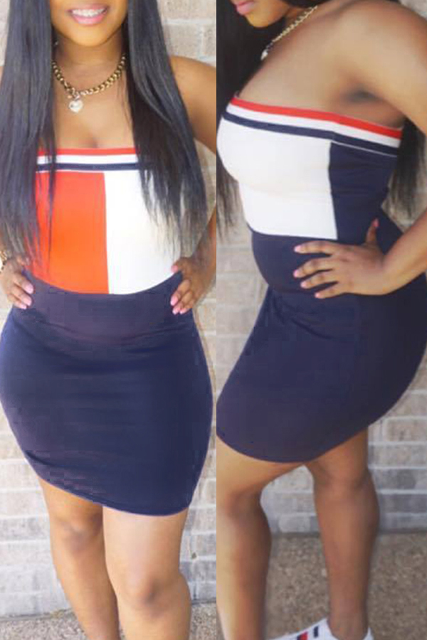 

Lovely Leisure Dew Shoulder Color Block Blue Cotton Blend Mini Dress