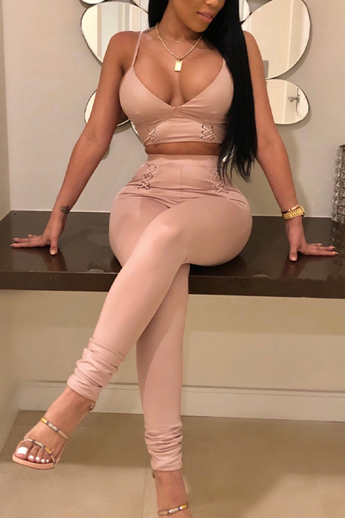

Lovely Pink Leather Pants Plain V Neck Sleeveless Sexy Two Pieces