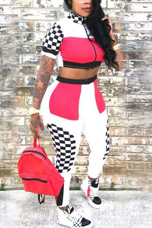 

Lovely Red Knitting Pants Plaid Mandarin Collar Short Sleeve Casual Two Pieces