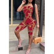 Lovely Sexy Dew Shoulder Chain Printed Wine Red Po