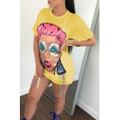 Lovely Chic Round Neck See-Through Cartoon Printed